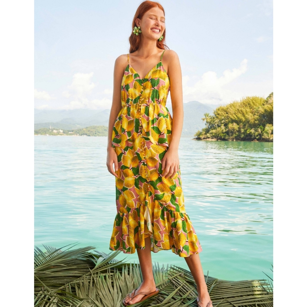 NWT FARM Rio Fresh Lemons Ruffle Midi Dress Sleeveless Size XS